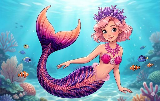 Coral, a pink-haired mermaid with a coral crown