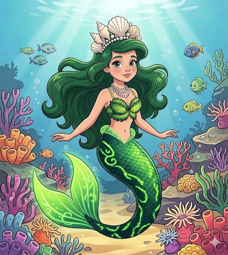 Kelp, a green-haired mermaid wearing a shell crown in a kelp forest