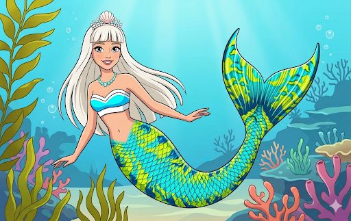 Lagoon, a silver-haired mermaid with a lime green tail
