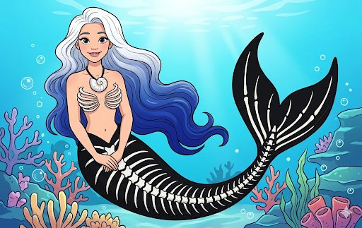 Midnight, a mermaid with a black tail printed with fish bones