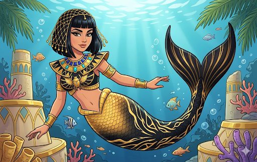 Sands, a mermaid in gold jewelry with a black and gold tail among sunken ruins