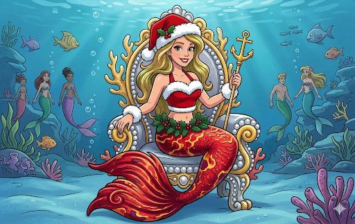 Winter, a mermaid in a red holiday tail and Santa hat on a shell throne